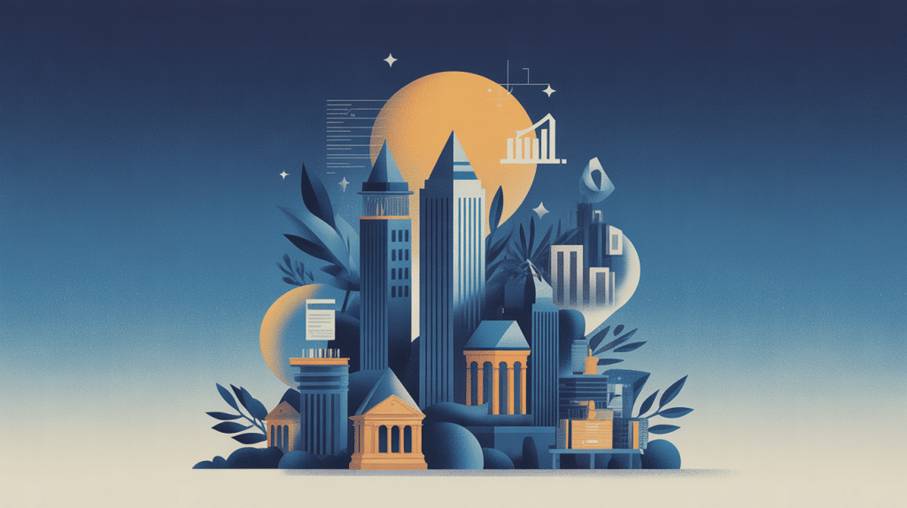 Illustration classement des banques privées, piliers financiers et symboles patrimoniaux