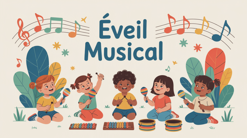 Illustration eveil musical enfants et instruments