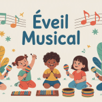 Illustration eveil musical enfants et instruments