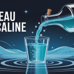 illustration moderne des 12 bienfaits de l eau alcaline dans une bouteille luxueuse