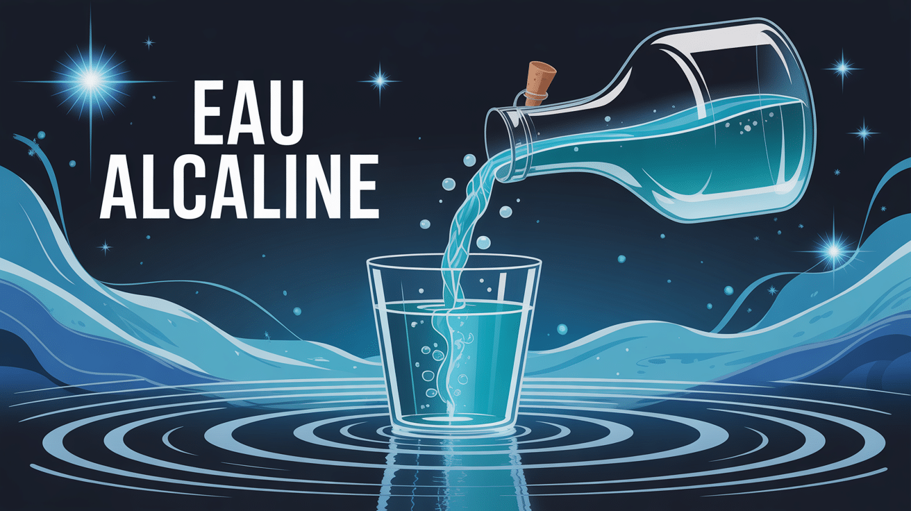 illustration moderne des 12 bienfaits de l eau alcaline dans une bouteille luxueuse
