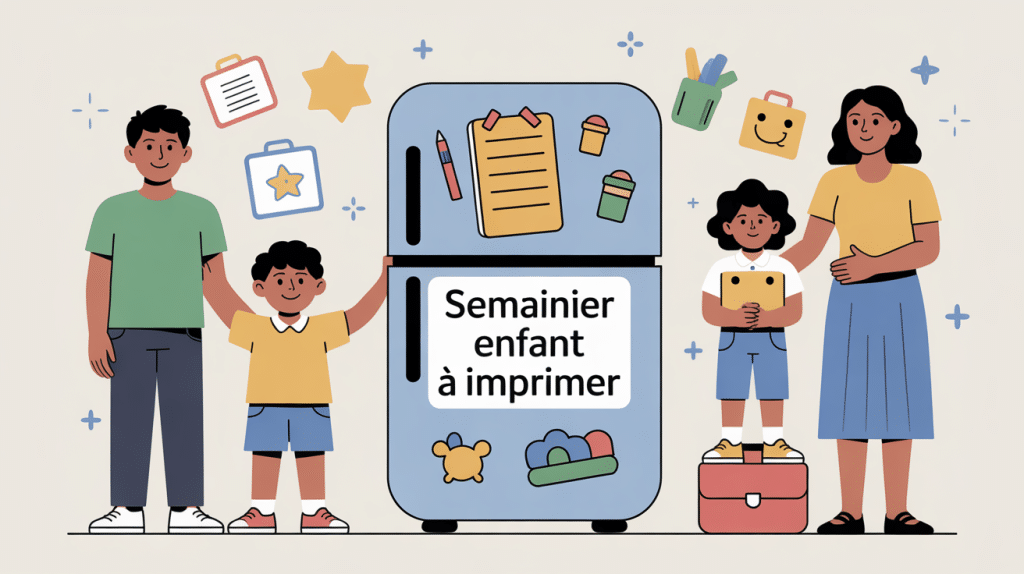Illustration semainier enfant à imprimer sur frigo avec enfant et parents