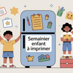 Illustration semainier enfant à imprimer sur frigo avec enfant et parents