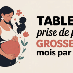 Illustration tableau prise de poids grossesse par mois, femme enceinte sereine