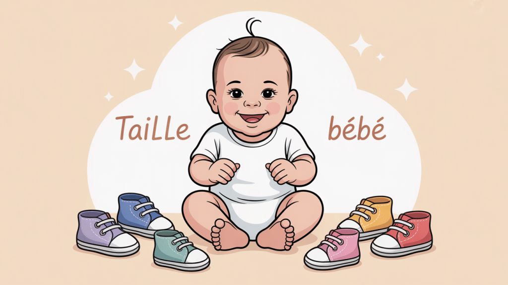 Illustration bébé et chaussures tailles différentes, taille chaussure bebe