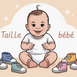Illustration bébé et chaussures tailles différentes, taille chaussure bebe
