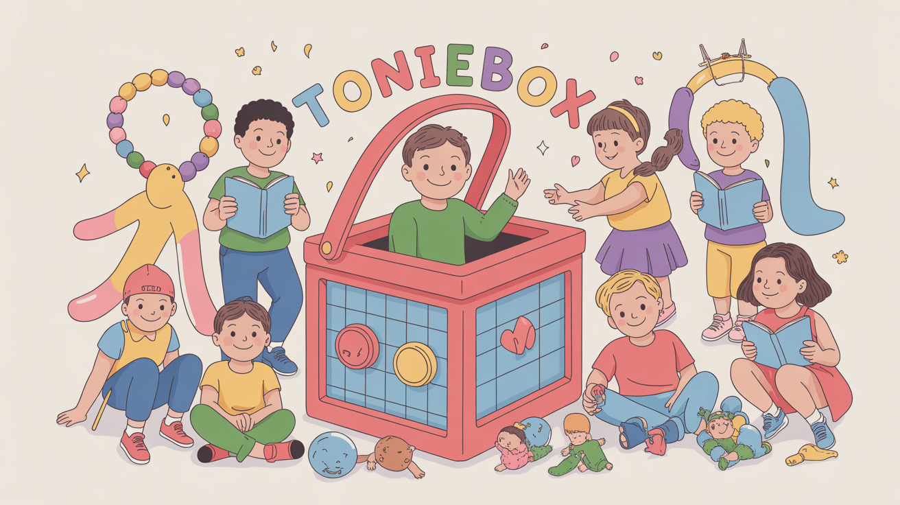 Tonieboxes entouré d’enfants et figurines, ambiance chaleureuse