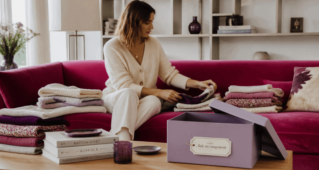 aide rangement maison salon femme trie vêtements