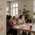 Groupe autour d'une table avec affiche citation sur le bénévolat