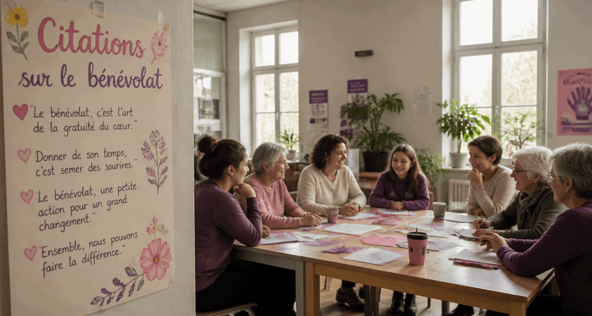 Groupe autour d'une table avec affiche citation sur le bénévolat