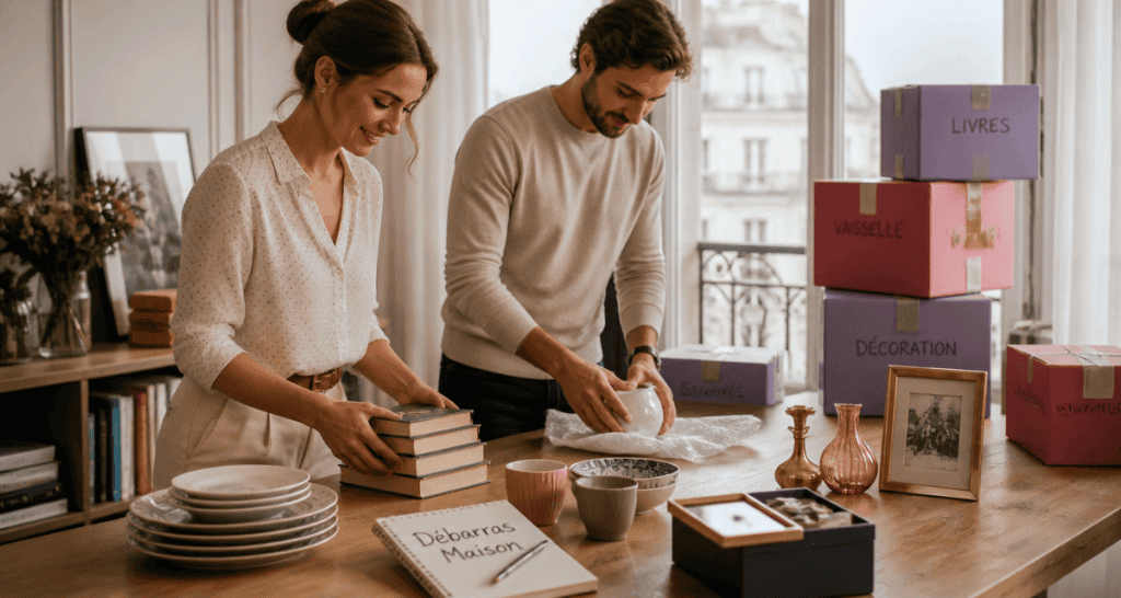 debarras maison équipe trie objets cartons