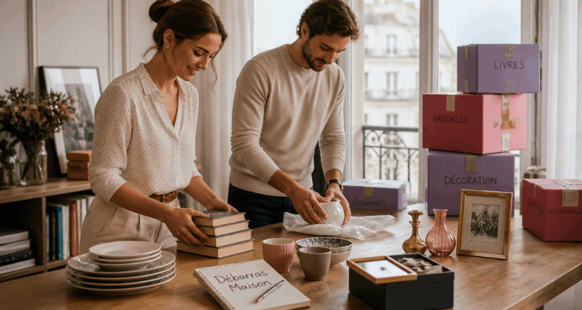 debarras maison équipe trie objets cartons