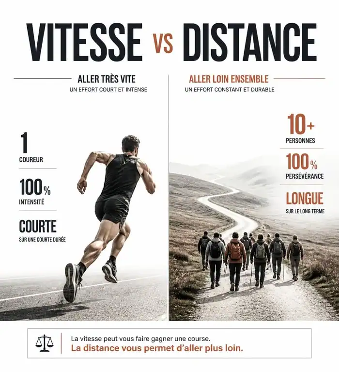 Infographie comparative illustrant la maxime seul on va plus vite ensemble on va plus loin