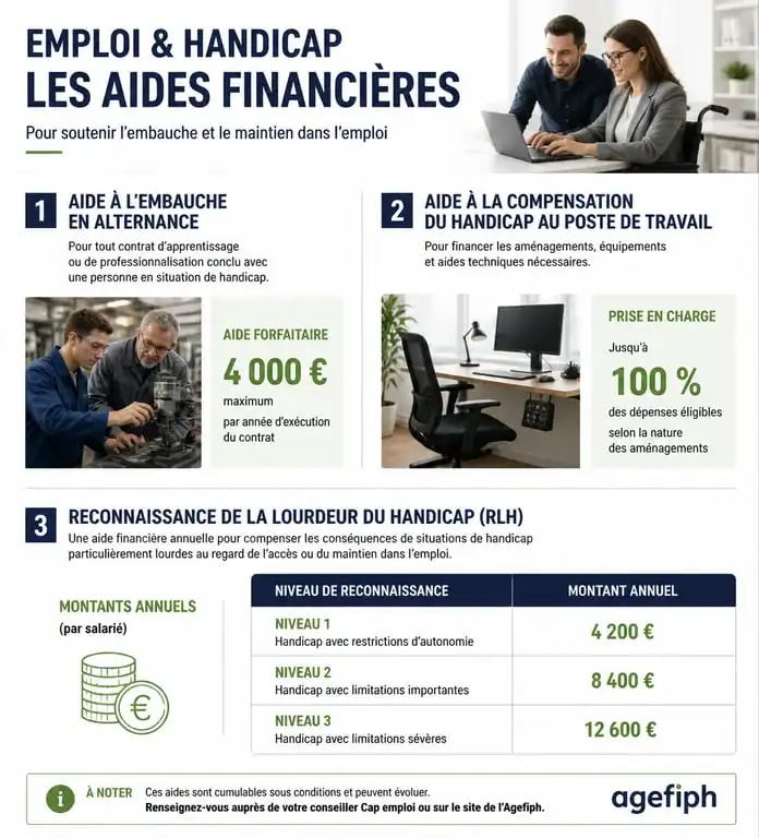 Infographie des aides financières et avantages pour l'employeur recrutant un salarié RQTH