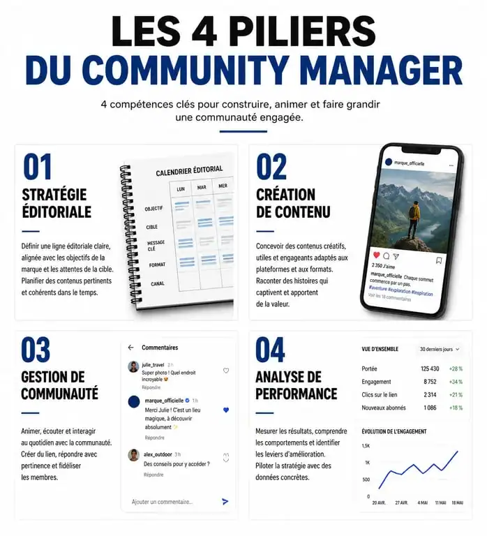 Infographie des compétences clés pour devenir community manager