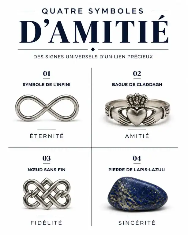 Infographie des principaux symboles d'amitié : infini, Claddagh, nœud sans fin et pierres précieuses.