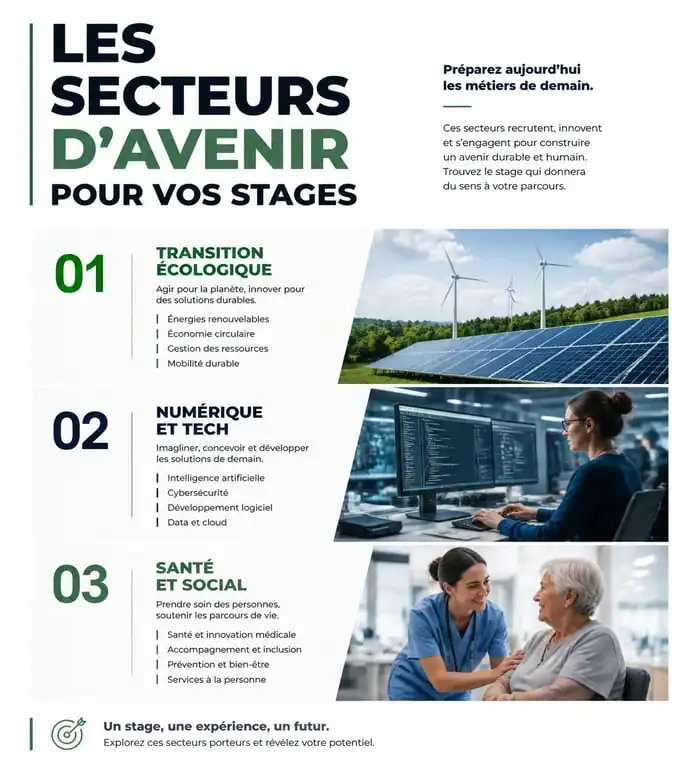 Infographie des secteurs d'avenir pour un stage avec 1jeune1stage : transition écologique, numérique et santé.