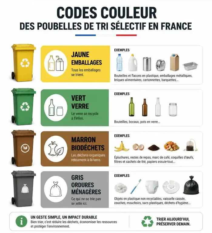Infographie des couleurs des poubelles de tri sélectif en France