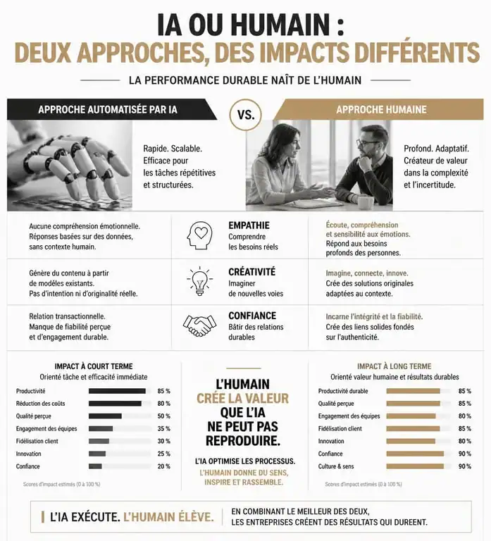 Infographie comparative : approche automatisée par IA vs approche humaine pour le contact humain en entreprise