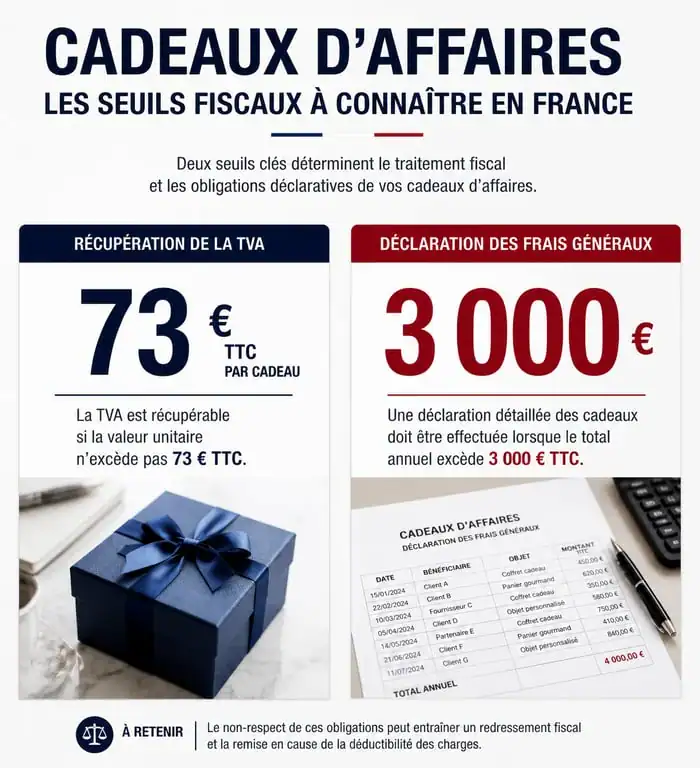 Infographie des seuils fiscaux et règles pour offrir un cadeau fournisseur en entreprise