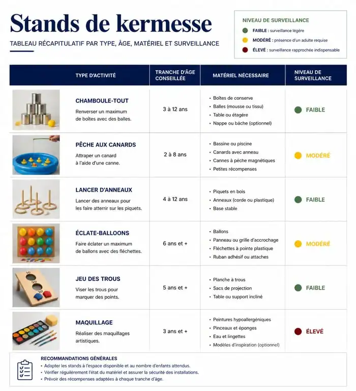 Infographie récapitulative des stands de kermesse : types, âges et matériel