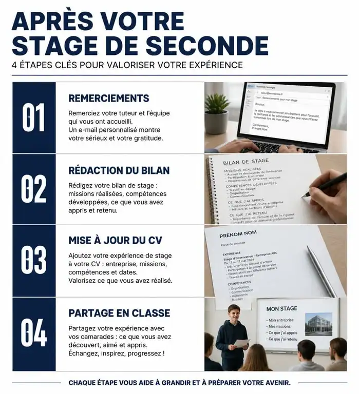 Infographie des étapes clés après un stage de seconde pour les lycéens