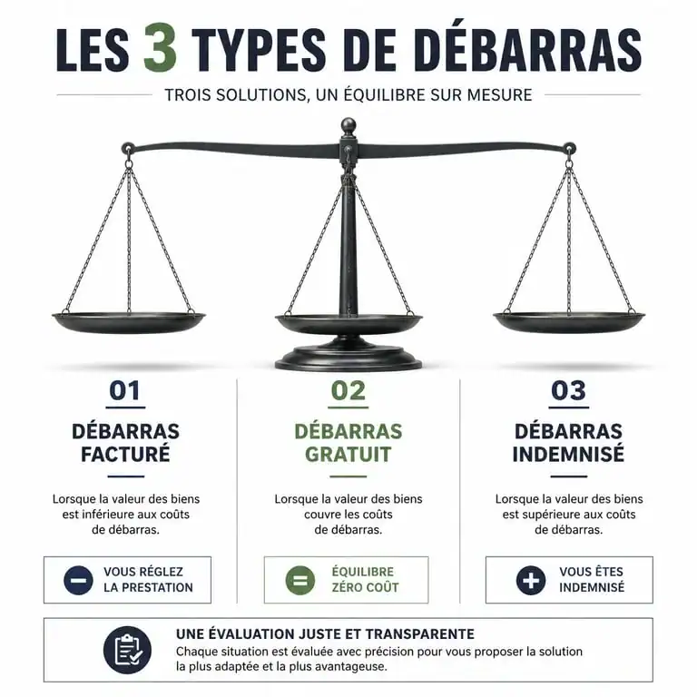 Infographie comparative des trois formules de débarras maison : facturé, gratuit et indemnisé