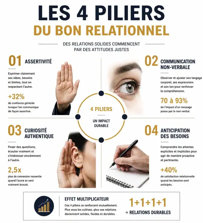 Infographie des 4 leviers pour développer un bon relationnel au travail