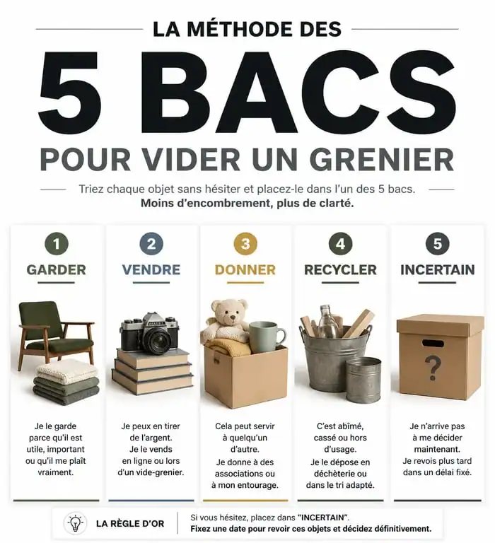 Infographie de la méthode des 5 bacs pour vider mon grenier efficacement