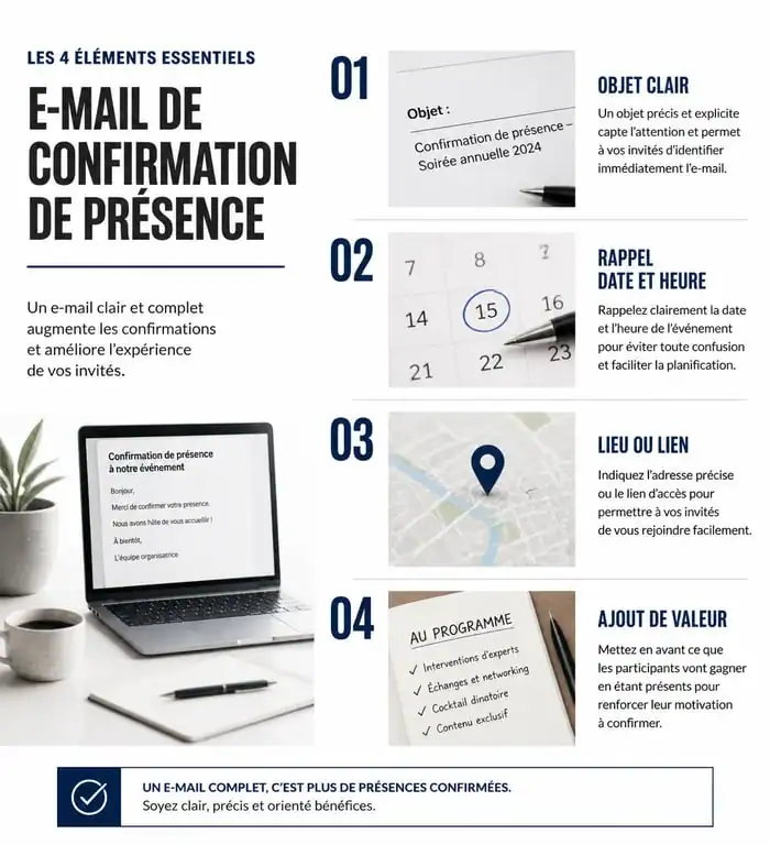 Infographie des éléments essentiels pour un e-mail de confirmation de présence professionnel