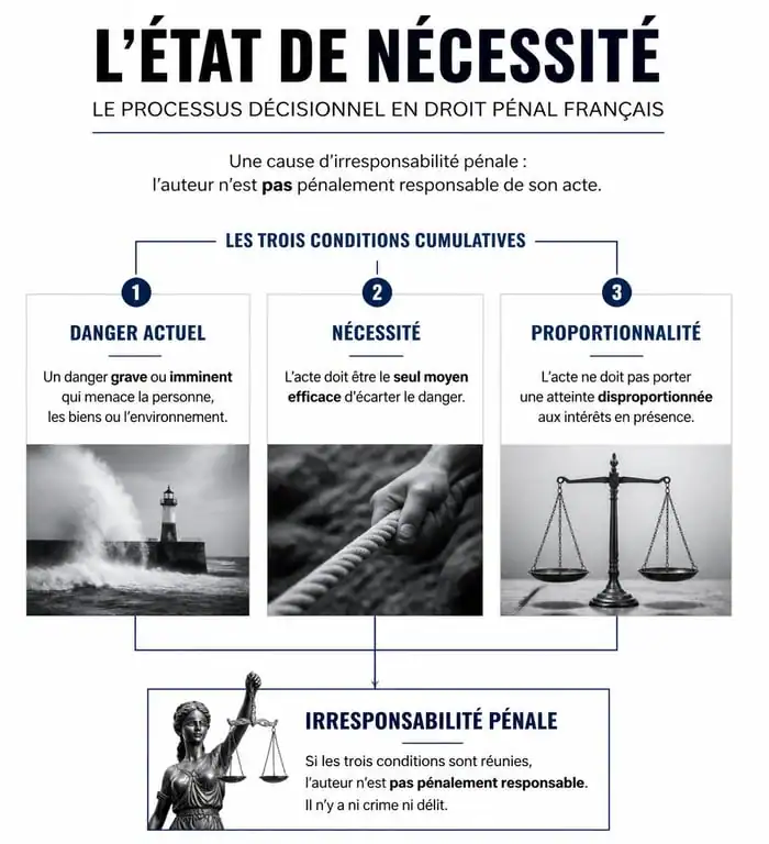 Infographie du processus décisionnel de l'état de nécessité selon l'article 122-7 du code pénal