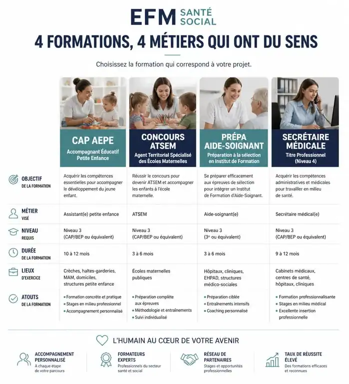 Infographie comparative des formations EFM Santé Social : CAP AEPE, ATSEM, Aide-Soignant et Secrétaire Médicale.