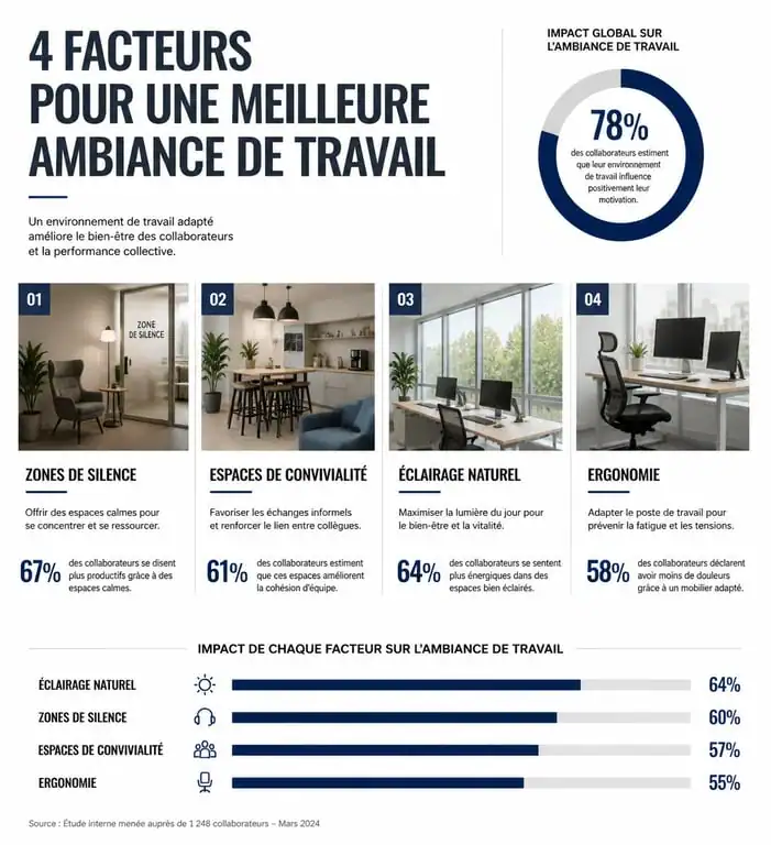 Infographie sur les facteurs d'amélioration de l'ambiance de travail et du bien-être en entreprise