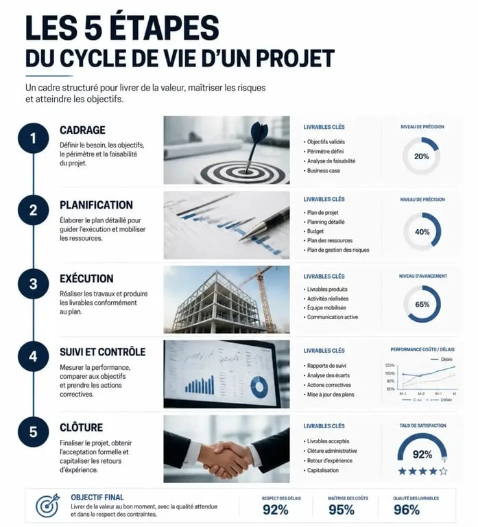 Cycle de vie d'un projet : les 5 étapes clés de la chefferie de projet
