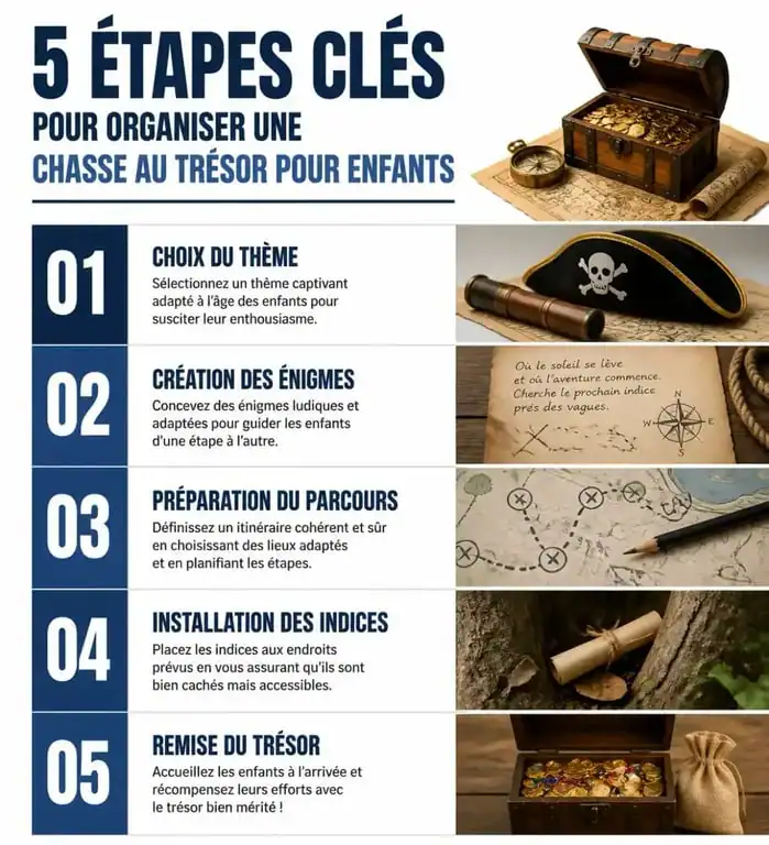 Infographie des étapes pour organiser une chasse au trésor enfant réussie
