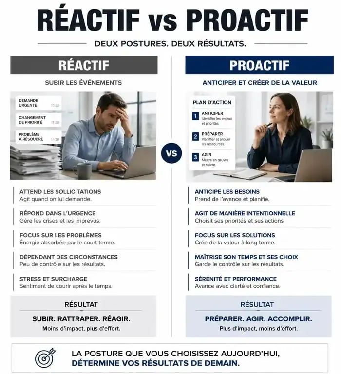 Infographie comparative : posture réactive vs posture proactive au travail