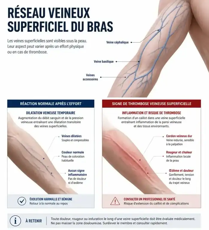 Schéma explicatif du gonflement des veines du bras : signes normaux vs signes de thrombose