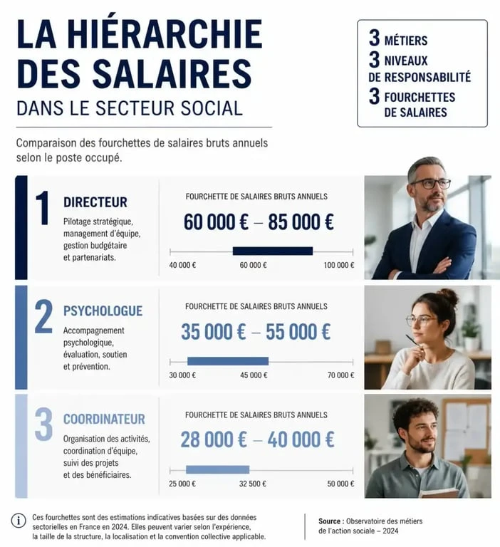 Infographie comparative des salaires dans les métiers du social : directeur, psychologue et cadre de coordination