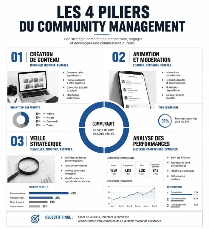 Infographie des 4 piliers du community management : contenu, modération, veille et analyse pour une stratégie digitale réussie