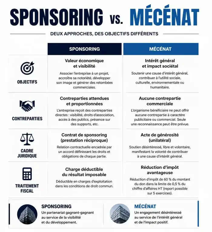 Infographie comparative entre sponsoring et mécénat pour comprendre la définition du sponsoring