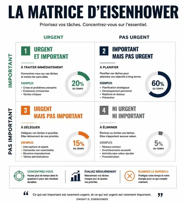 Infographie de la matrice d'Eisenhower pour améliorer son sens de l'organisation au travail