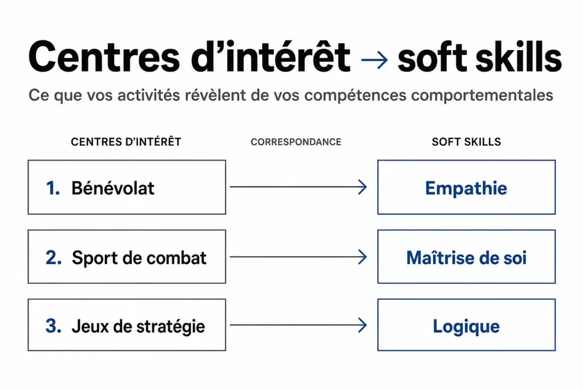 Infographie illustrant la relation entre centres d'intérêt sur un CV et compétences transférables pour optimiser son profil.