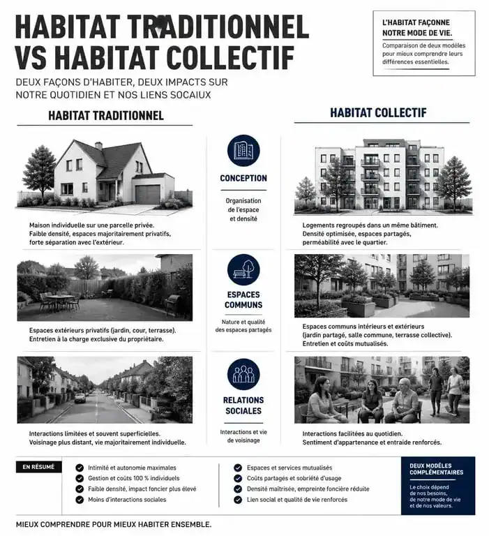 Infographie comparative entre logement classique et habitat groupé