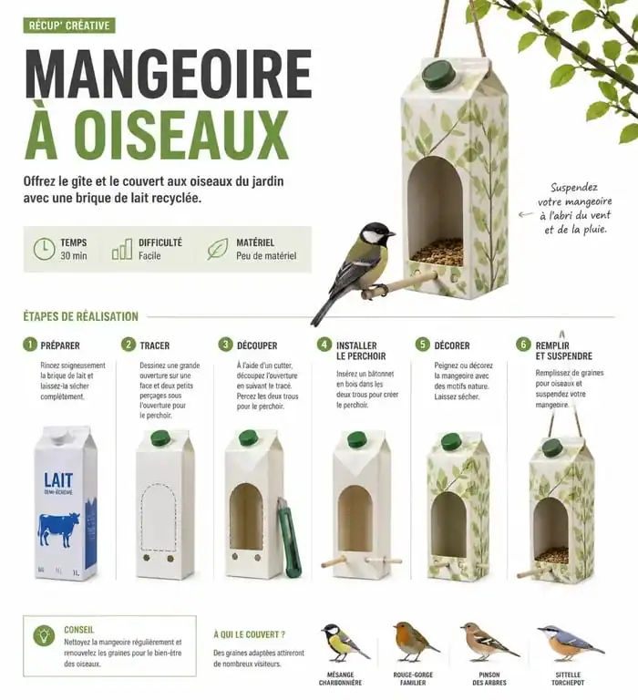 Tutoriel illustré pour fabriquer une activité printemps : mangeoire à oiseaux en brique de lait