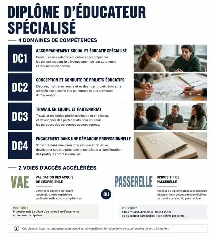 Infographie des domaines de compétences et voies d'accès pour la formation éducateur spécialisé en 1 an