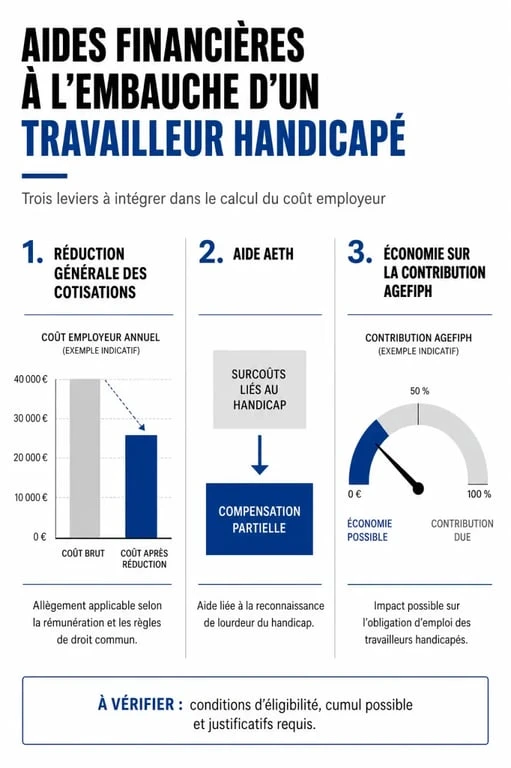 Infographie des aides financières et exonération charges patronales pour l'embauche d'un travailleur handicapé