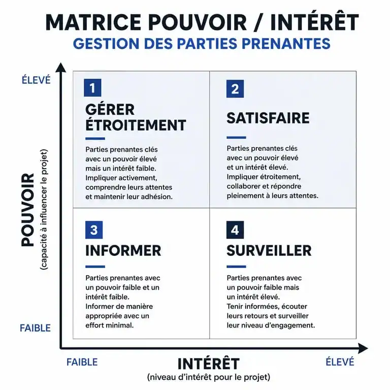 Matrice Pouvoir Intérêt pour la gestion des parties prenantes projet