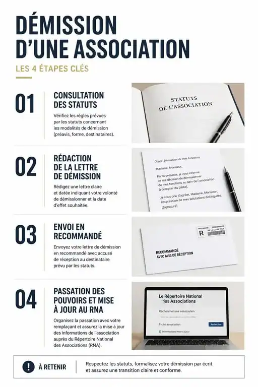 Infographie des étapes pour la démission d'une association : procédure légale et administrative.