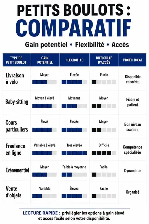 Tableau comparatif des petits boulots pour arrondir ses fins de mois : gains, flexibilité et accessibilité