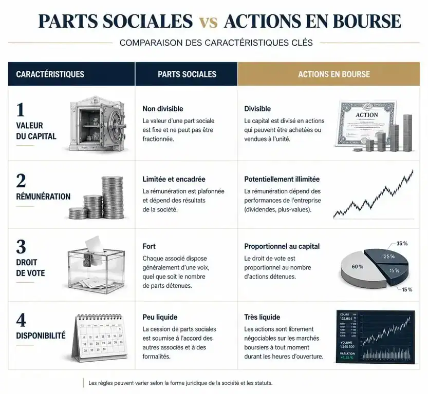 Infographie comparative entre les parts sociales et les actions en bourse pour comprendre les différences de placement.